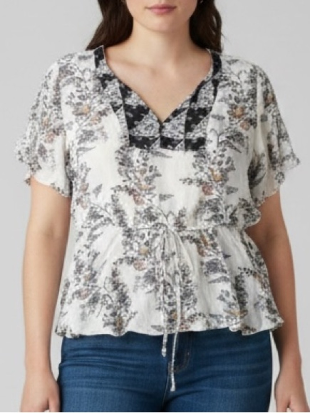 Floral cottagecore Drawstring Peplum Top in White